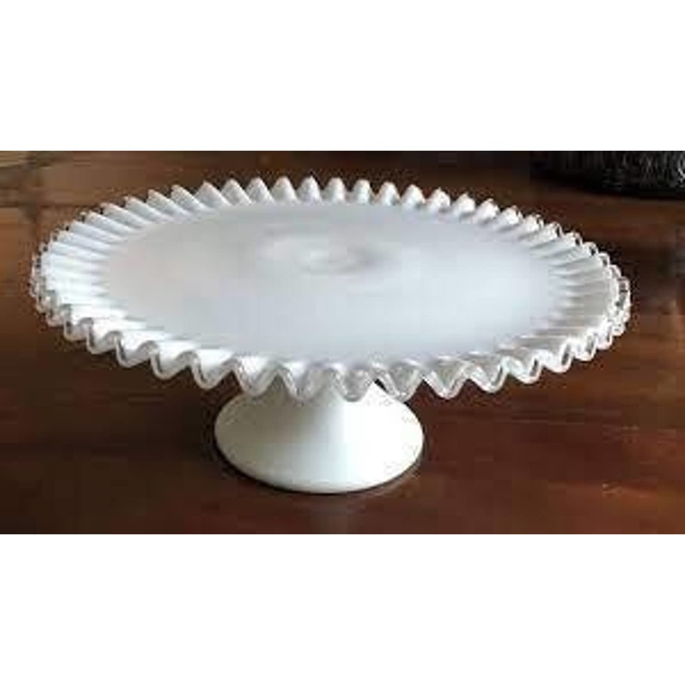 Fenton silver crest ruffled milk glass cake stand with ribbon crystal edge